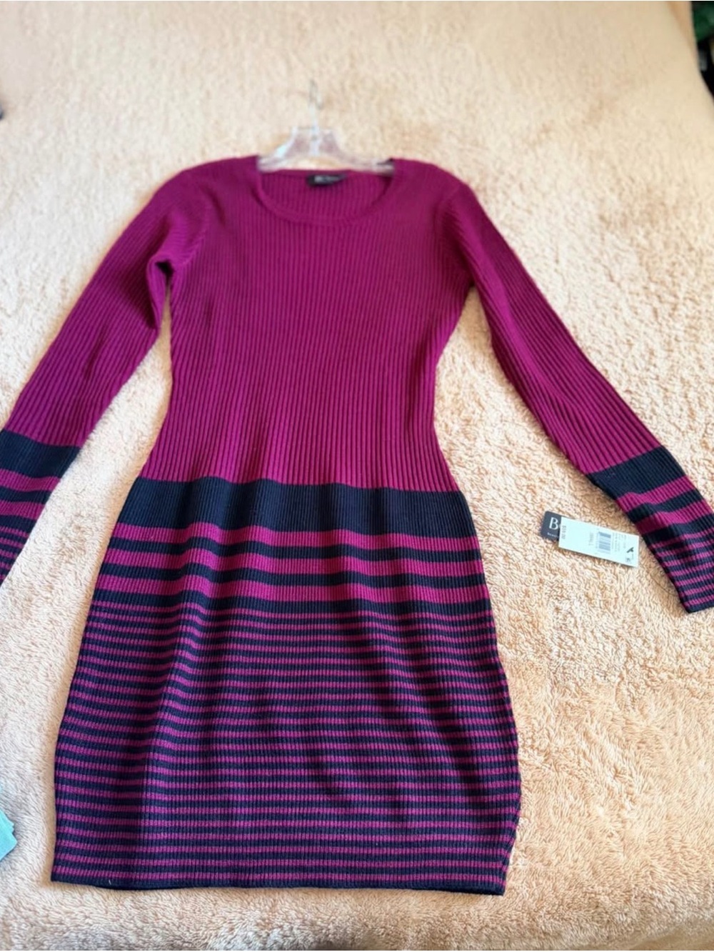 BCX Ribbed Long-Sleeve Sweater Dress in Magenta and Black